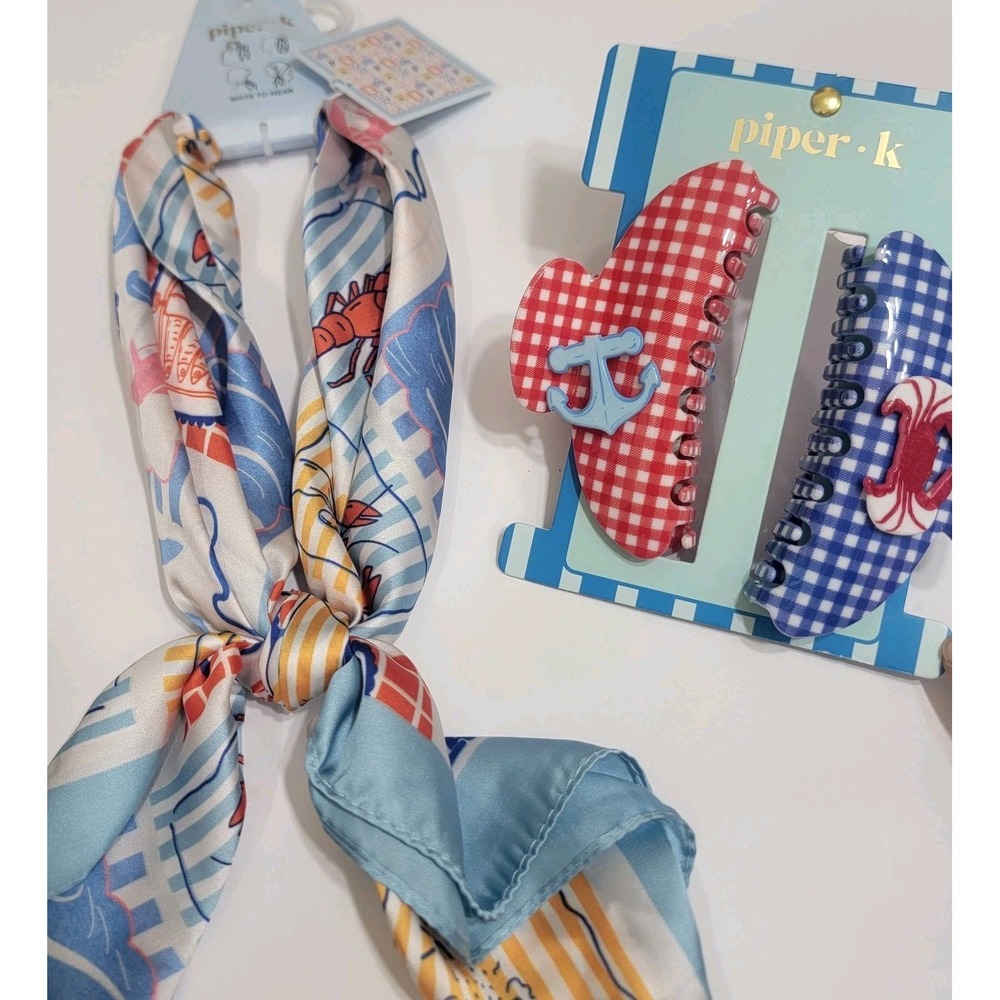 Piper K Nautical Sealife Coastal Gingham Hair Clips & Scraf Set 3Pc Crab Lobster